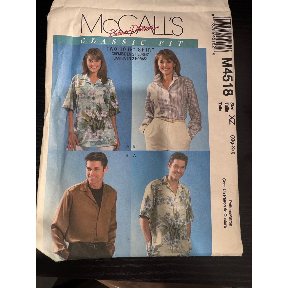 McCall's M4518 Sewing Pattern Unisex Size XZ Blue Good Classic Fit Shirt DIY